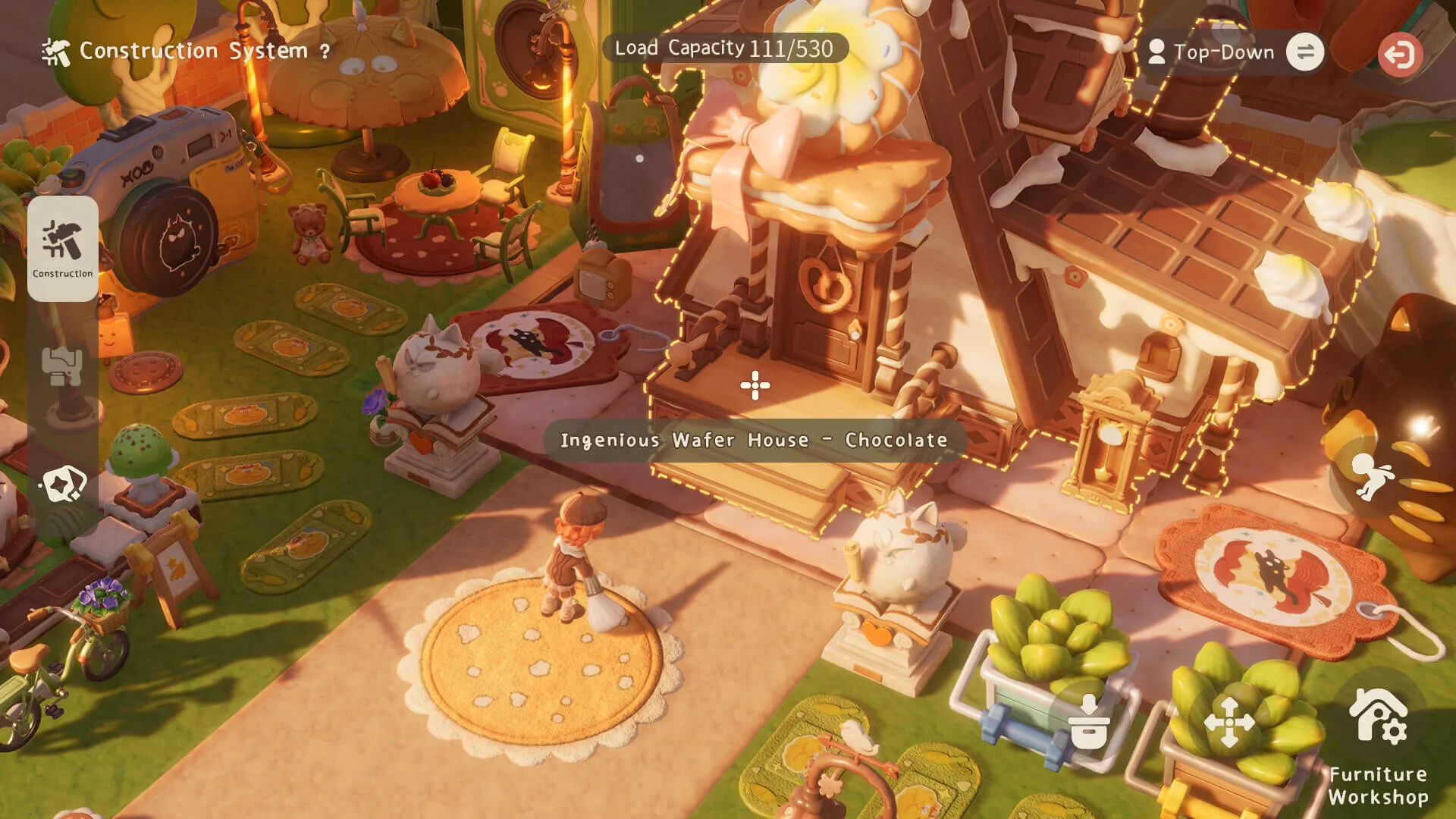 Top-down construction view in Animula Nook showing a chocolate-wafer house being placed, labelled Ingenious Wafer House – Chocolate, with a load capacity counter reading 111 of 530