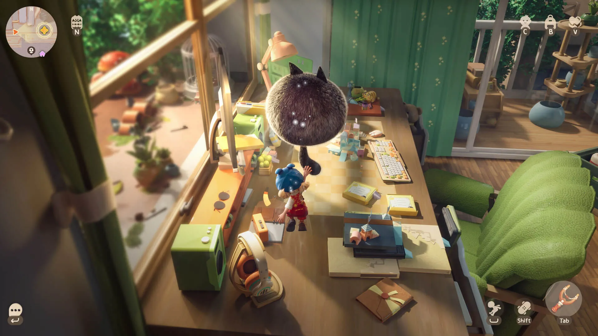A tiny Minie standing on a cluttered desk in Animula Nook, reaching up toward a large black cat looking down from above the keyboard