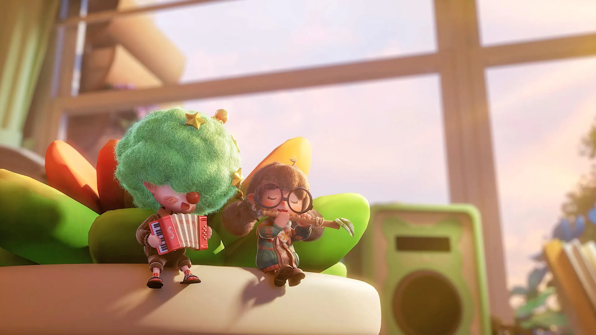 Two Minies sitting on a sofa in Animula Nook, one playing a red accordion and one playing a wooden flute, backlit by a window at sunset