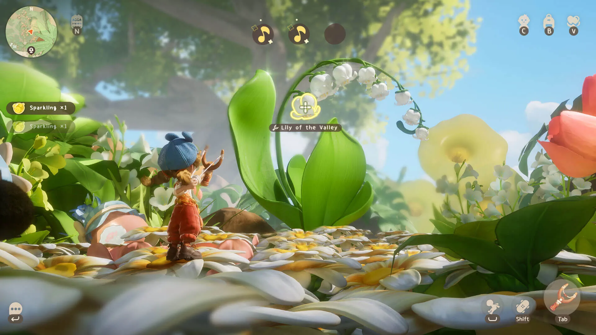 A Minie aiming a slingshot beside a lily of the valley stem in Animula Nook, with the item name Lily of the Valley and two Sparkling pickup notices on screen