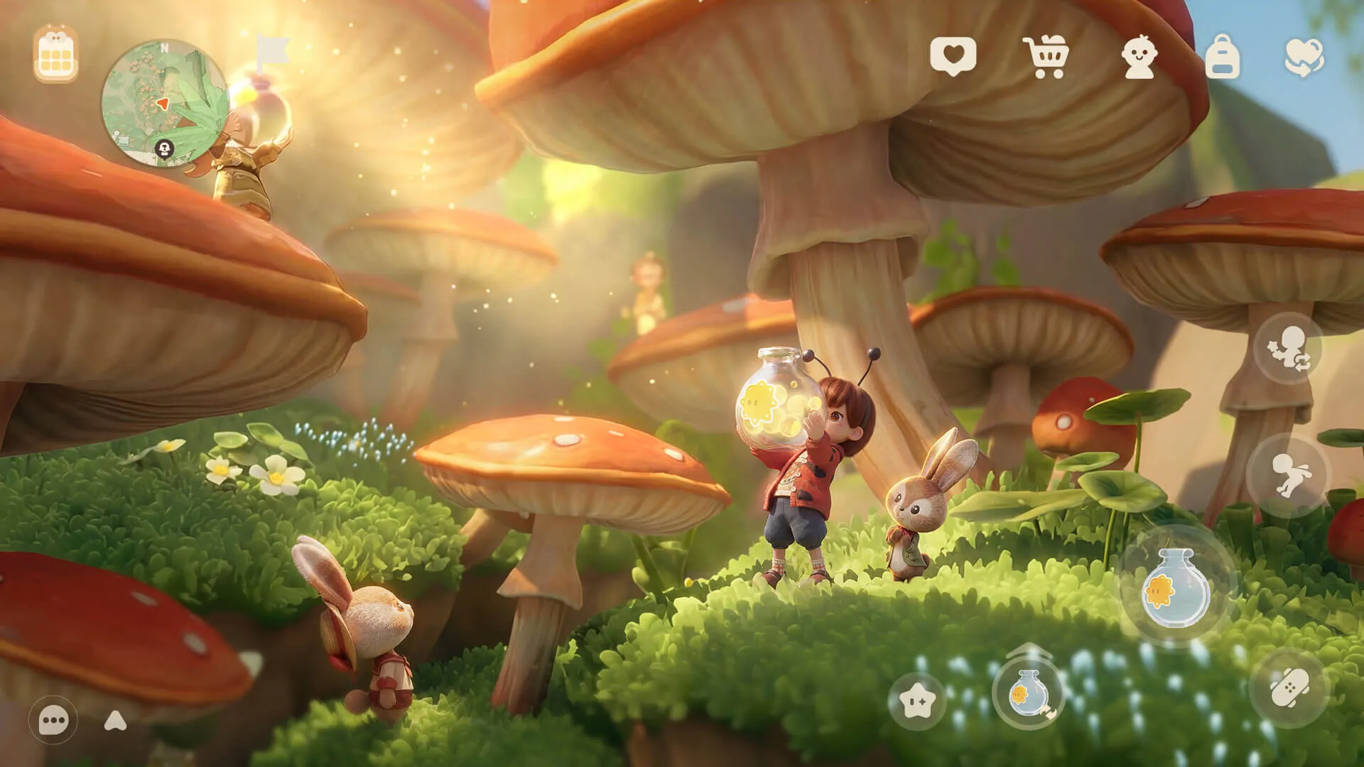 A Minie in a red jacket holding a jar of glowing motes beside two rabbits, standing under oversized mushrooms in a sunlit grove in Animula Nook