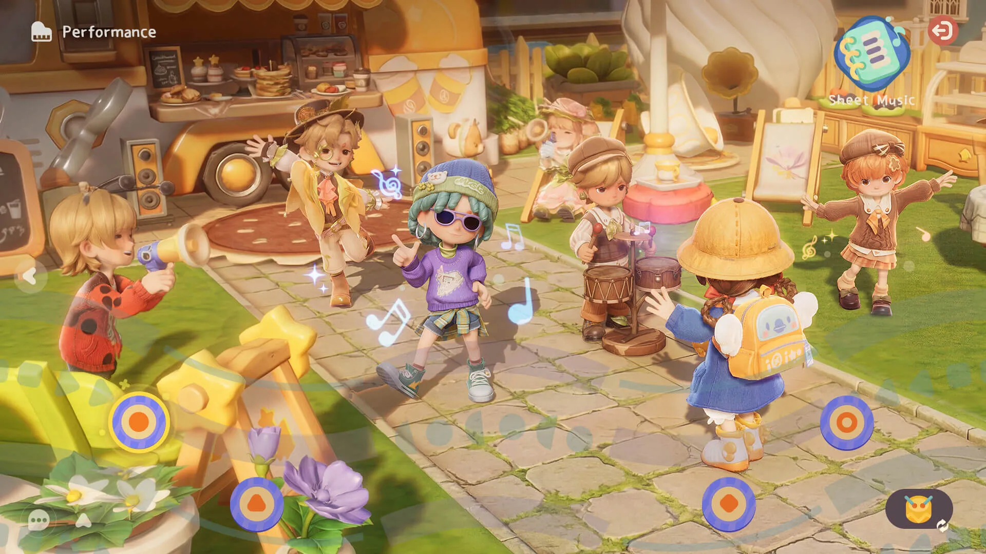 A group of Minies playing drums and dancing on a village path in Animula Nook, with a Sheet Music button and rhythm markers on screen