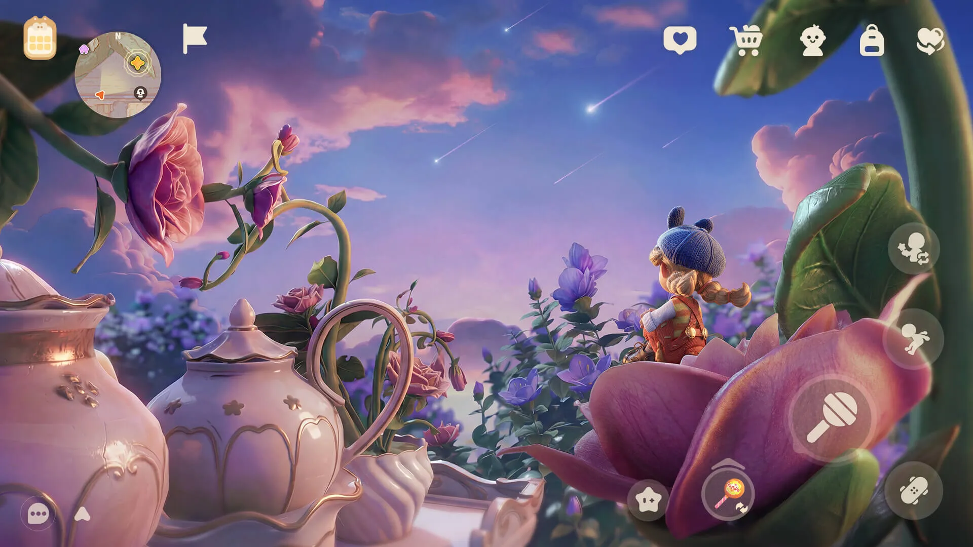 A Minie in a blue knit hat standing on a rose petal above a porcelain tea set, watching shooting stars cross a purple dusk sky in Animula Nook